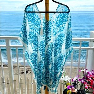 Cover up "Pool to Party” Sheer Turquoise Blue and White. NWT